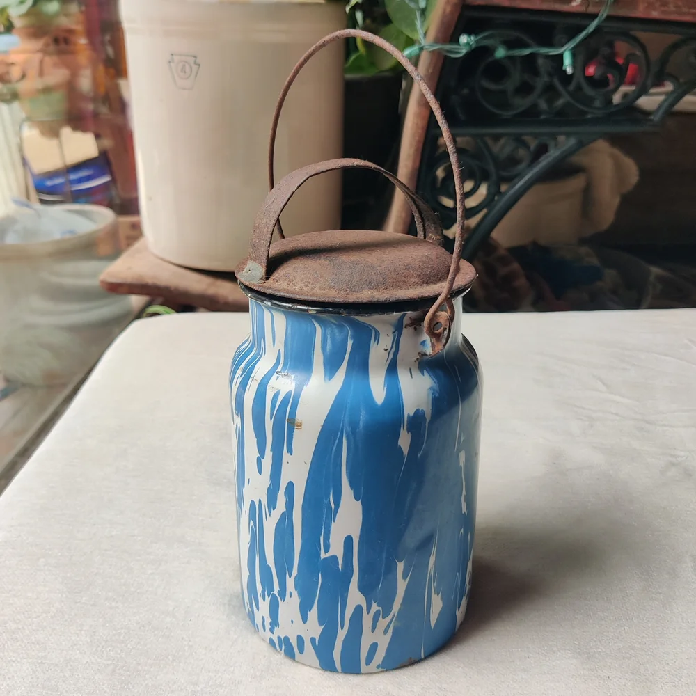 Antique Graniteware Milk Canister Pail Blue White Swirl Metal Lid Wire Handle